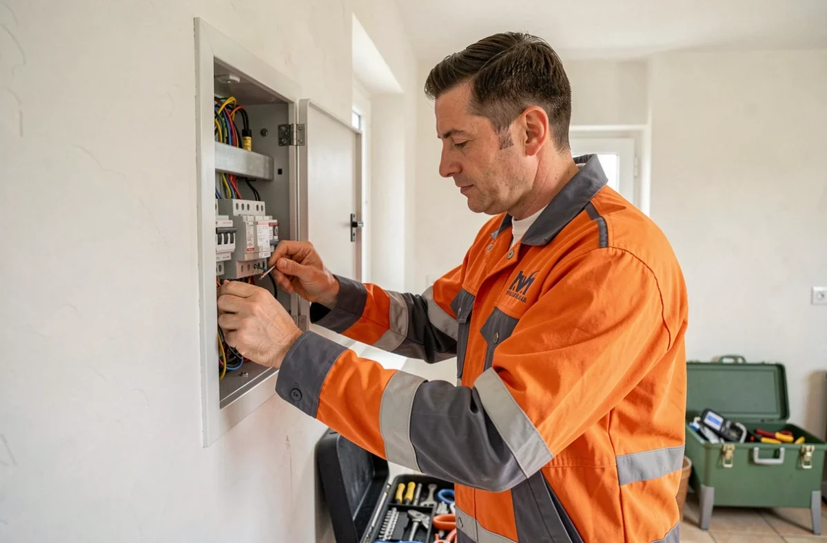 Électricien d'Achard Electricité raccordant des câbles dans un tableau électrique résidentiel