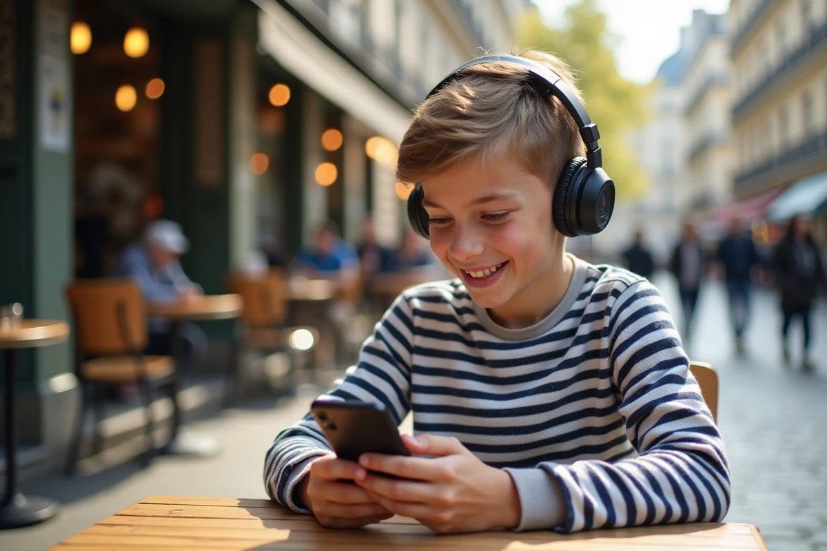 Adolescent souriant utilisant une application de français au café