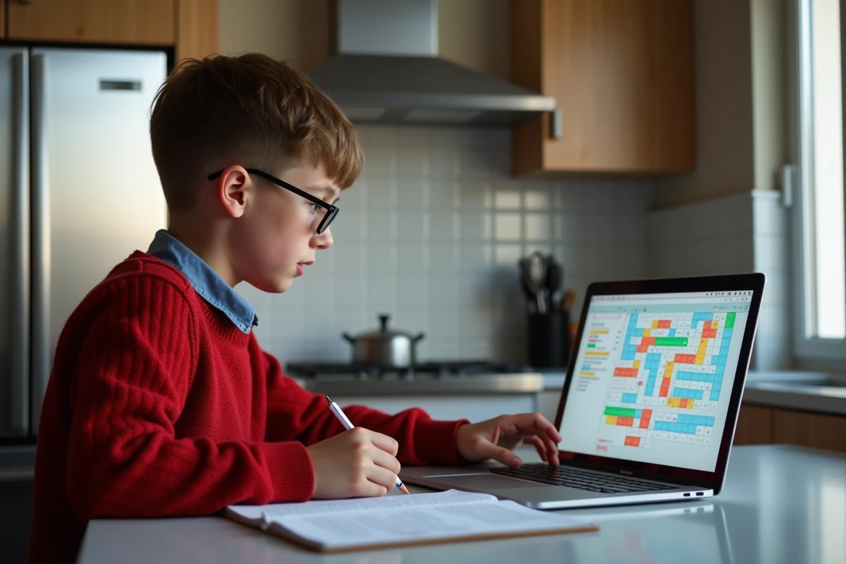 Adolescent concentré tapant sur un ordinateur portable en cuisine