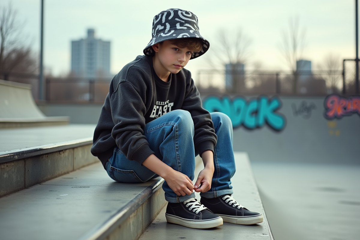 Adolescent en streetwear attachant ses sneakers au skatepark