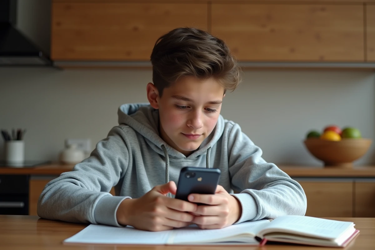 Adolescent concentré sur son smartphone avec correction en français