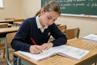 Adolescente concentrée qui étudie les règles de grammaire française dans un cahier posé sur un bureau de classe en bois