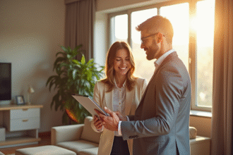 Agent immobilier et couple dans un salon lumineux