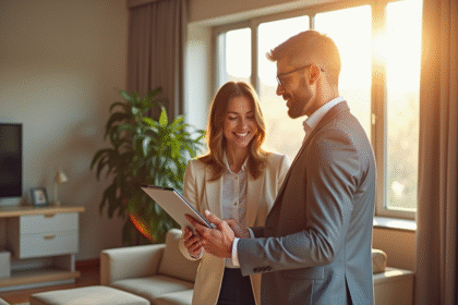 Agent immobilier et couple dans un salon lumineux
