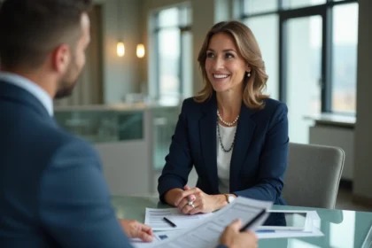 Agent immobilier souriante avec couple dans bureau moderne
