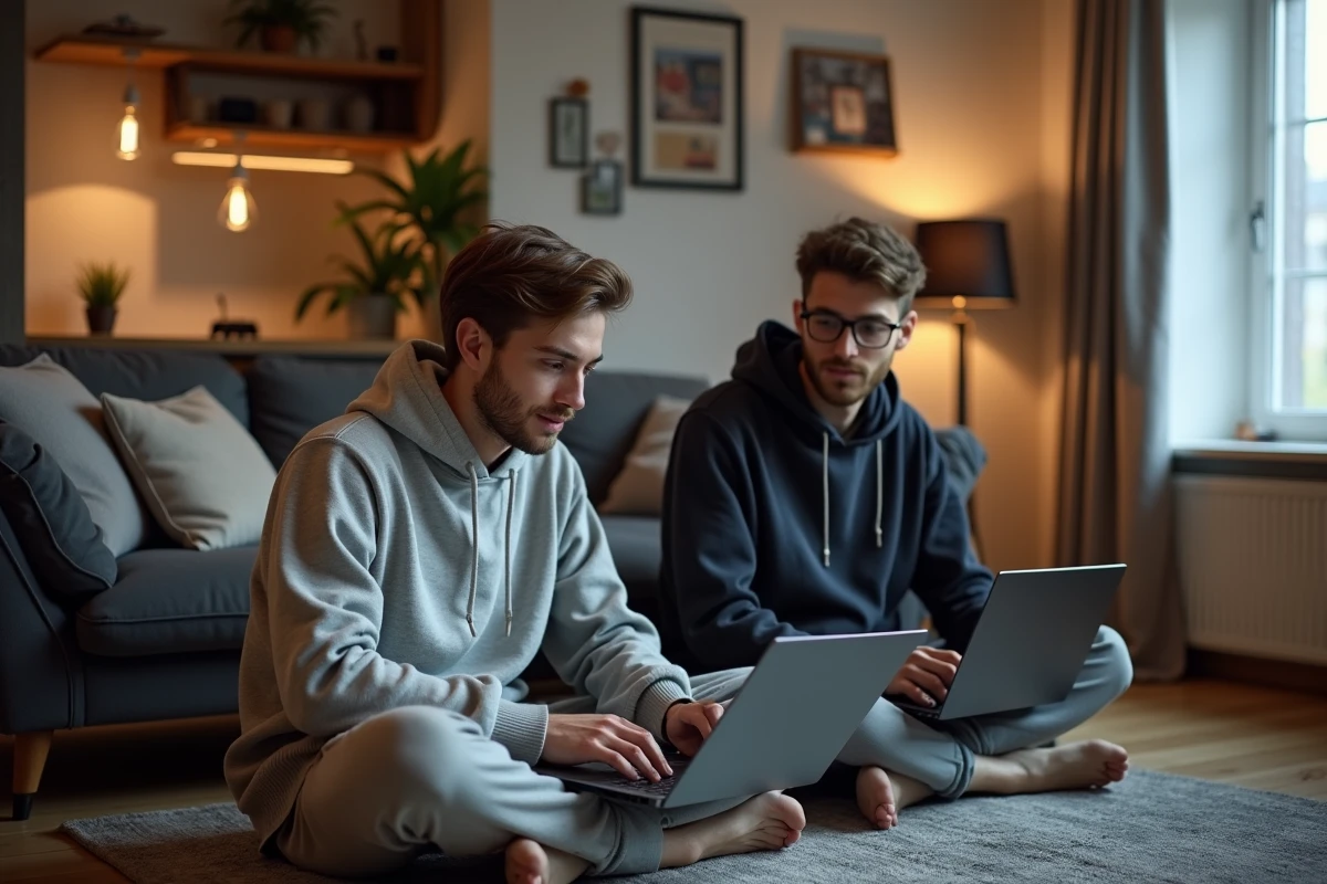 Deux amis discutant autour d’un ordinateur dans le salon