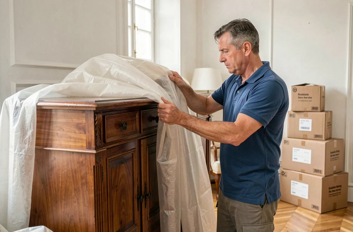 Déménageur Andre Raynal emballant soigneusement un meuble en bois dans une maison avant le déménagement