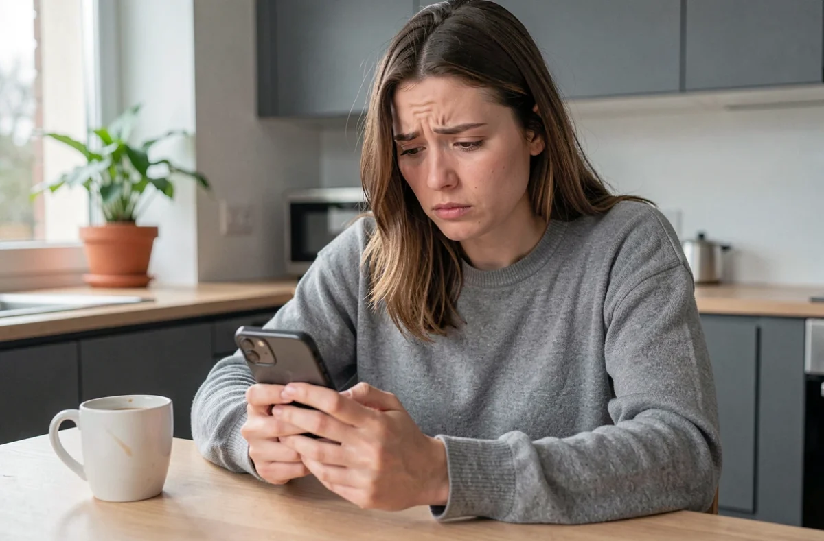 Personne frustrée en faisant défiler une application de rencontres trans sur son téléphone dans sa cuisine