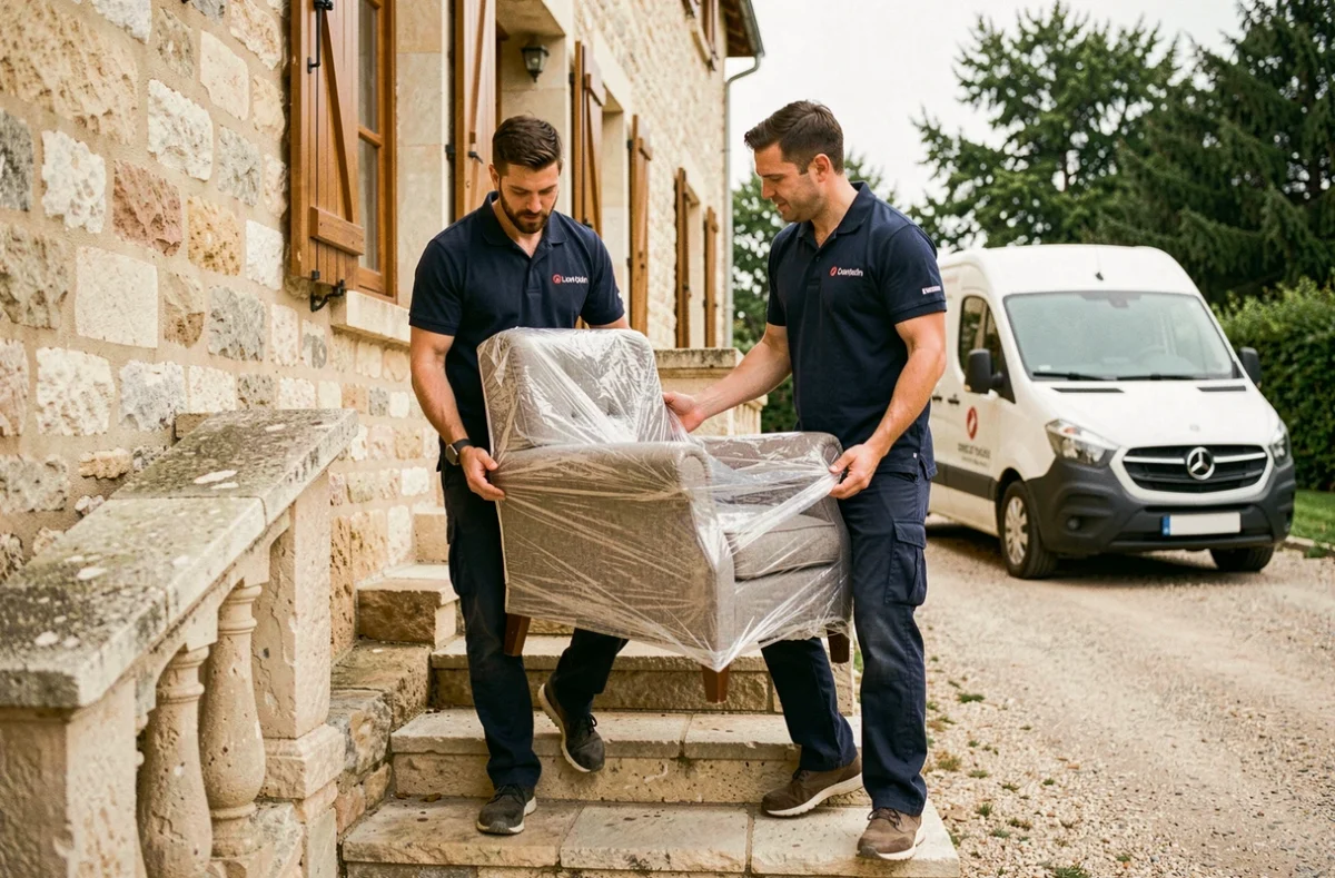 Déménageurs Aquidem portant un fauteuil emballé depuis une maison en pierre du Lot-et-Garonne