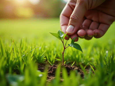 Personne arrachant des mauvaises herbes dans un jardin ensoleille