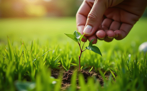 Personne arrachant des mauvaises herbes dans un jardin ensoleille