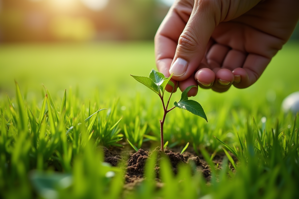 Personne arrachant des mauvaises herbes dans un jardin ensoleille