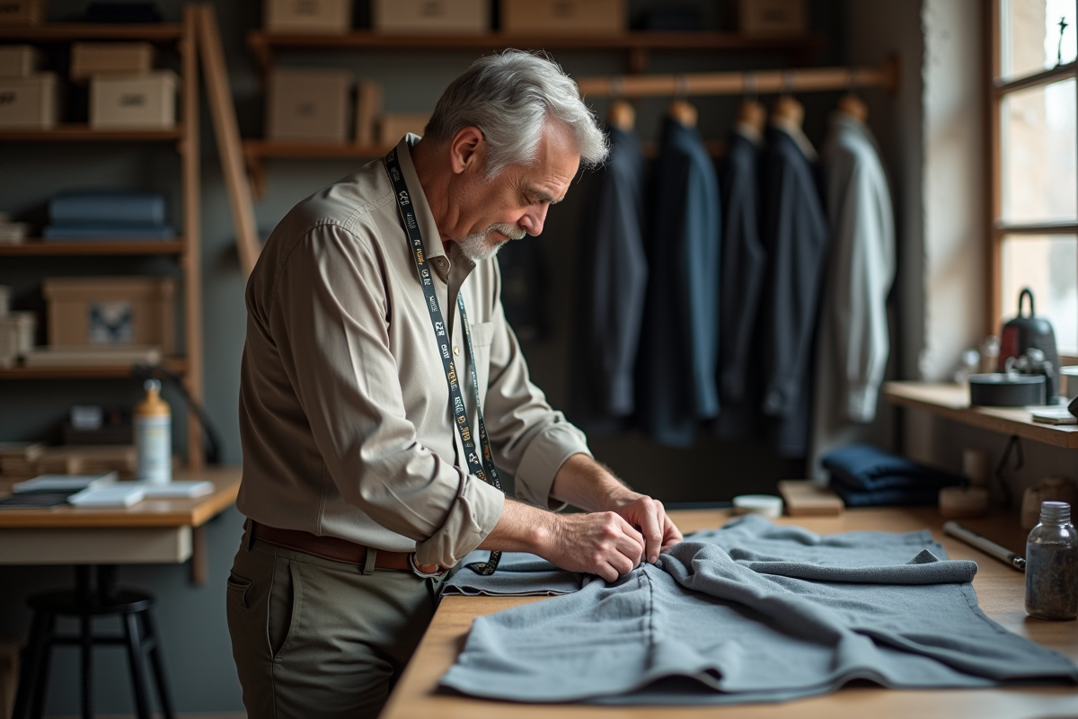 Tailleur homme inspectant un manteau en atelier traditionnel
