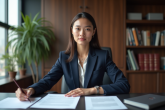 Jeune avocate en costume navy dans un bureau moderne