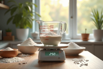 Balance de cuisine avec tasse de 250 ml et ingrédients naturels