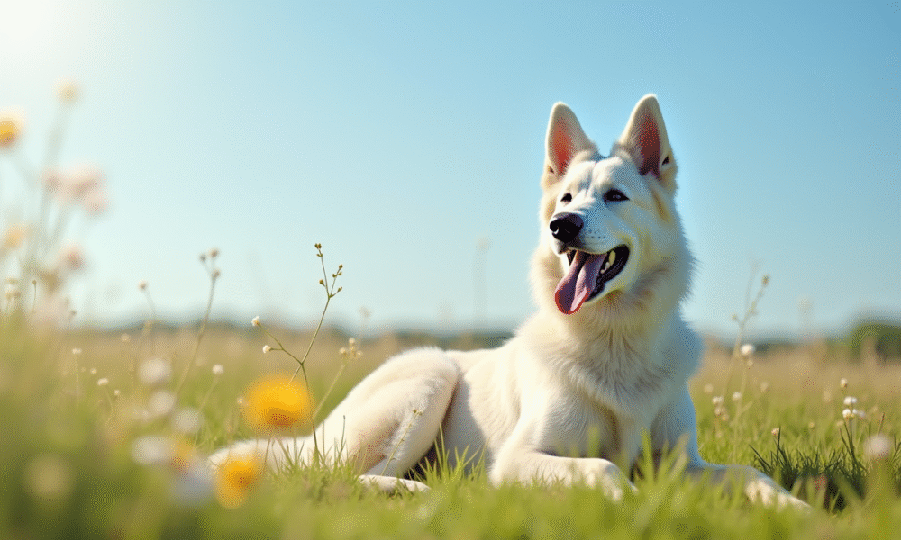 Chien berger blanc belge dans une prairie ensoleillee