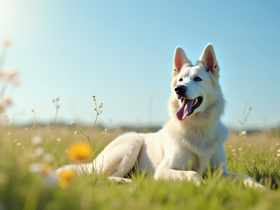 Chien berger blanc belge dans une prairie ensoleillee