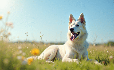Chien berger blanc belge dans une prairie ensoleillee