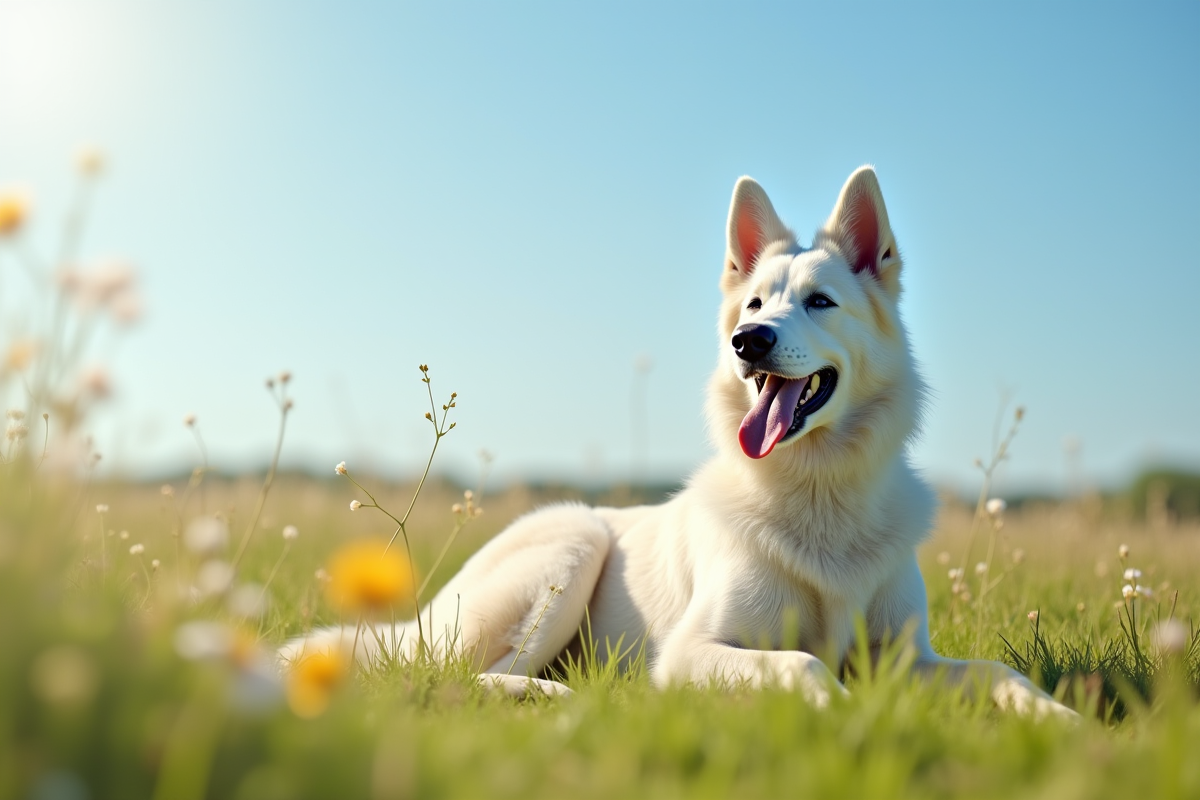 Chien berger blanc belge dans une prairie ensoleillee