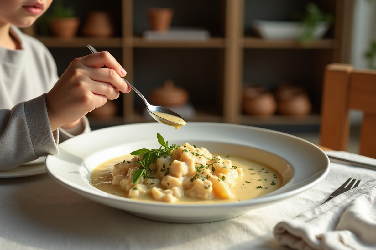 Gros plan sur une blanquette de dinde dans une assiette blanche
