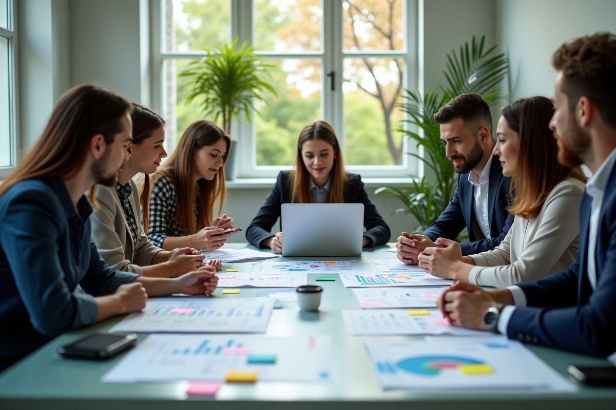 Groupe de professionnels en brainstorming avec graphiques