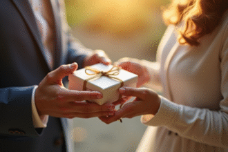 Gros plan sur les mains avec bagues de mariage échangeant un petit cadeau personnalisé