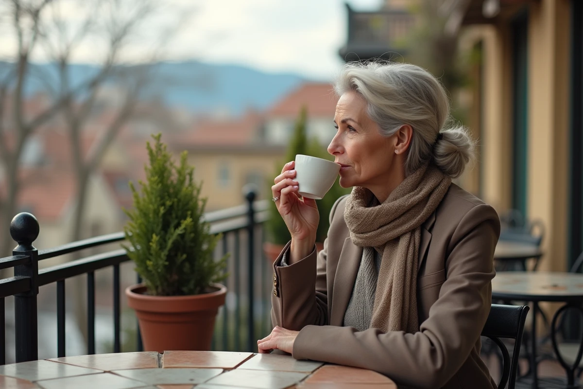 Femme buvant un cafe sur une terrasse en ville