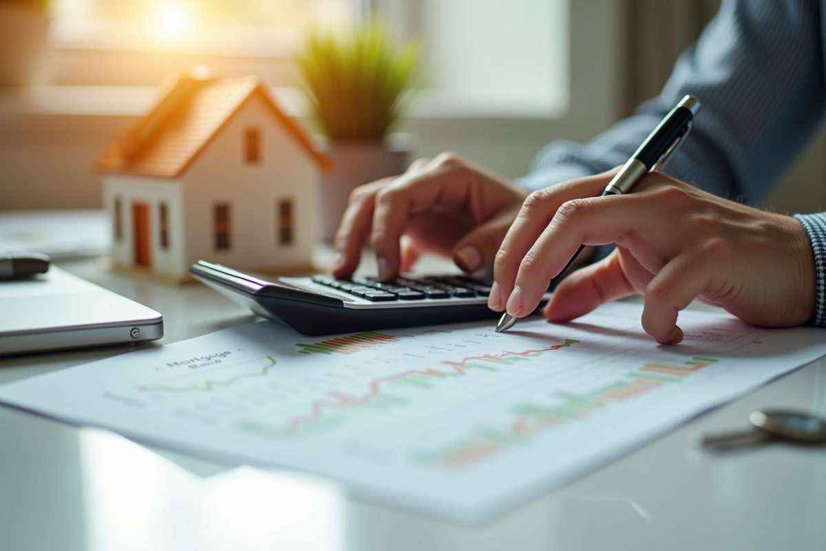 Gros plan sur des mains utilisant une calculatrice et un plan de prêt immobilier