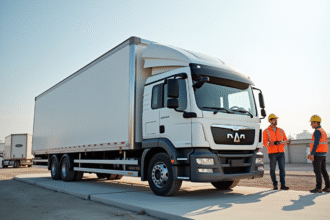 Camion moveur moderne sur un chantier avec ouvriers