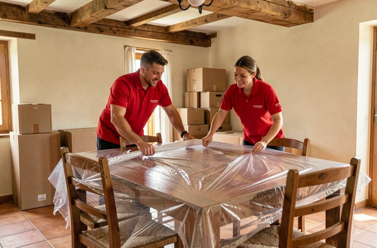 Équipe Castaing Aquidem emballant une table à manger dans une maison traditionnelle du Lot-et-Garonne