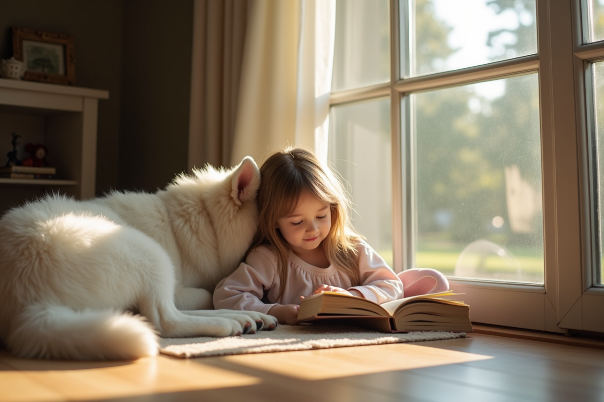 Chien berger blanc belge avec une jeune fille lisant en interieur