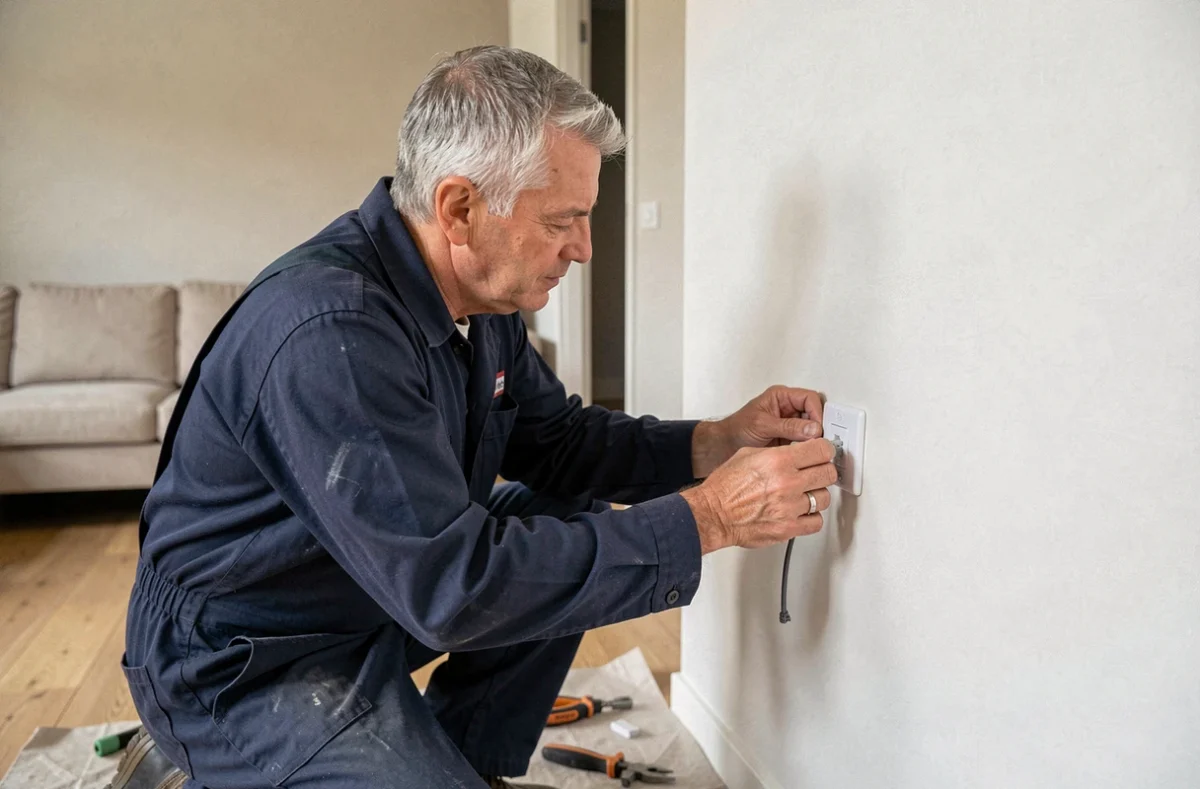 Électricien Claude Mercier posant une prise électrique dans une maison individuelle du Puy-de-Dôme
