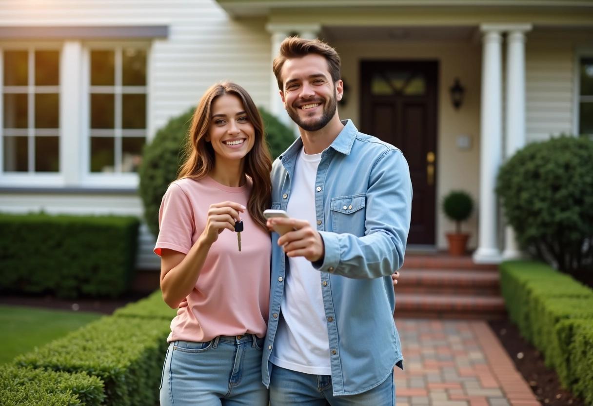 Jeune couple tenant des clés devant leur nouvelle maison