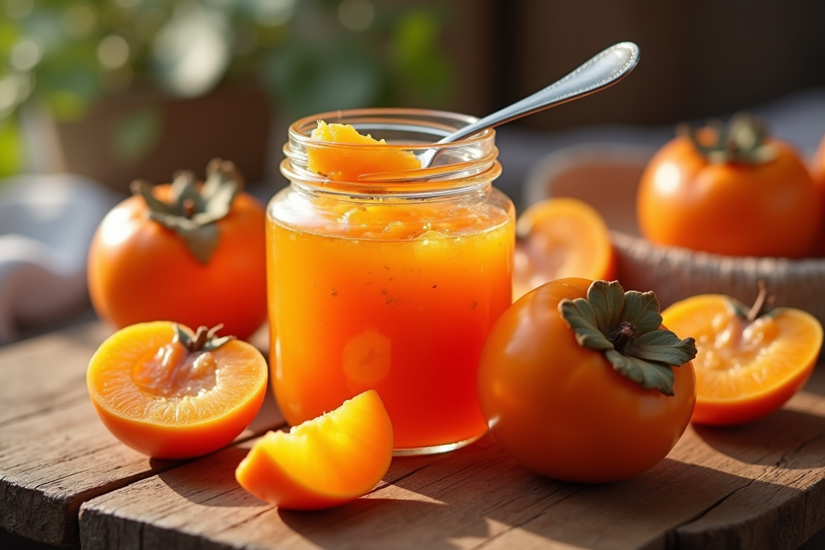 Pot de confiture de persimmon maison sur table en bois
