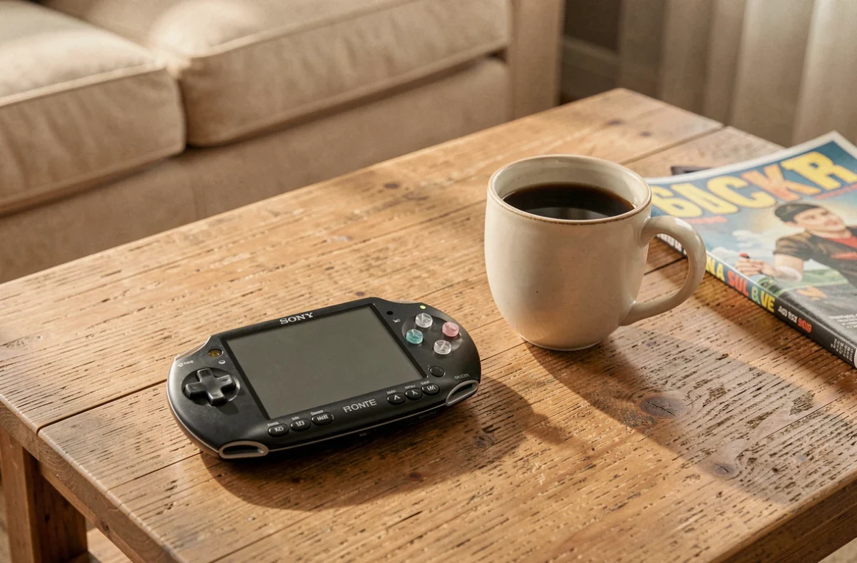 Console portable Sony PSP posée sur une table basse en bois avec un café et un magazine, ambiance salon cosy