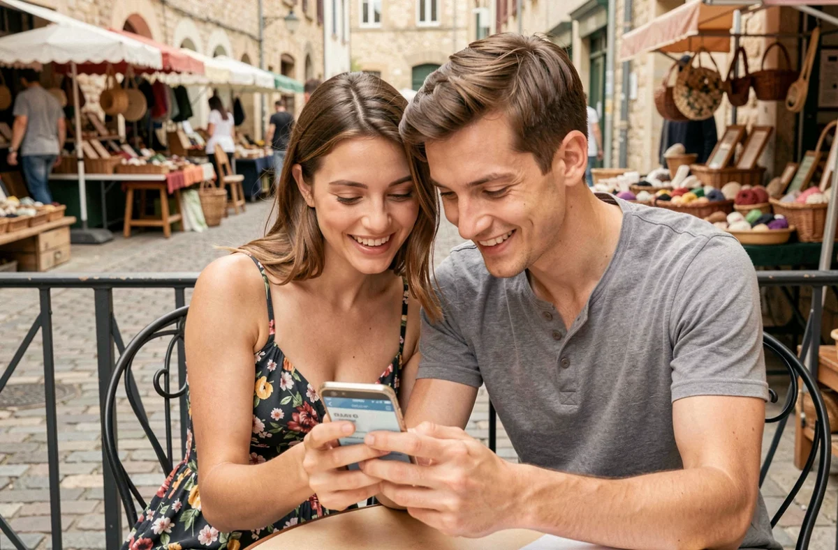 Couple consultant une application de recherche de brocantes sur smartphone à la terrasse d'un café en village