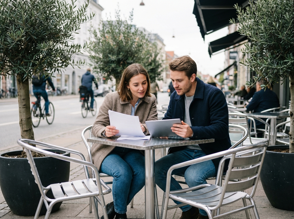 Jeune couple professionnel discutant dehors au café