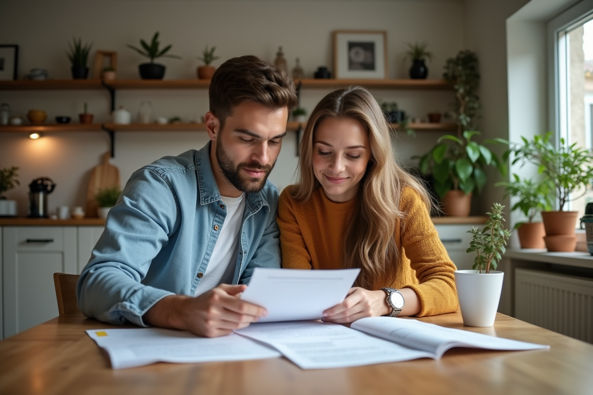 Jeune couple à la maison examinant des documents de prêt immobilier