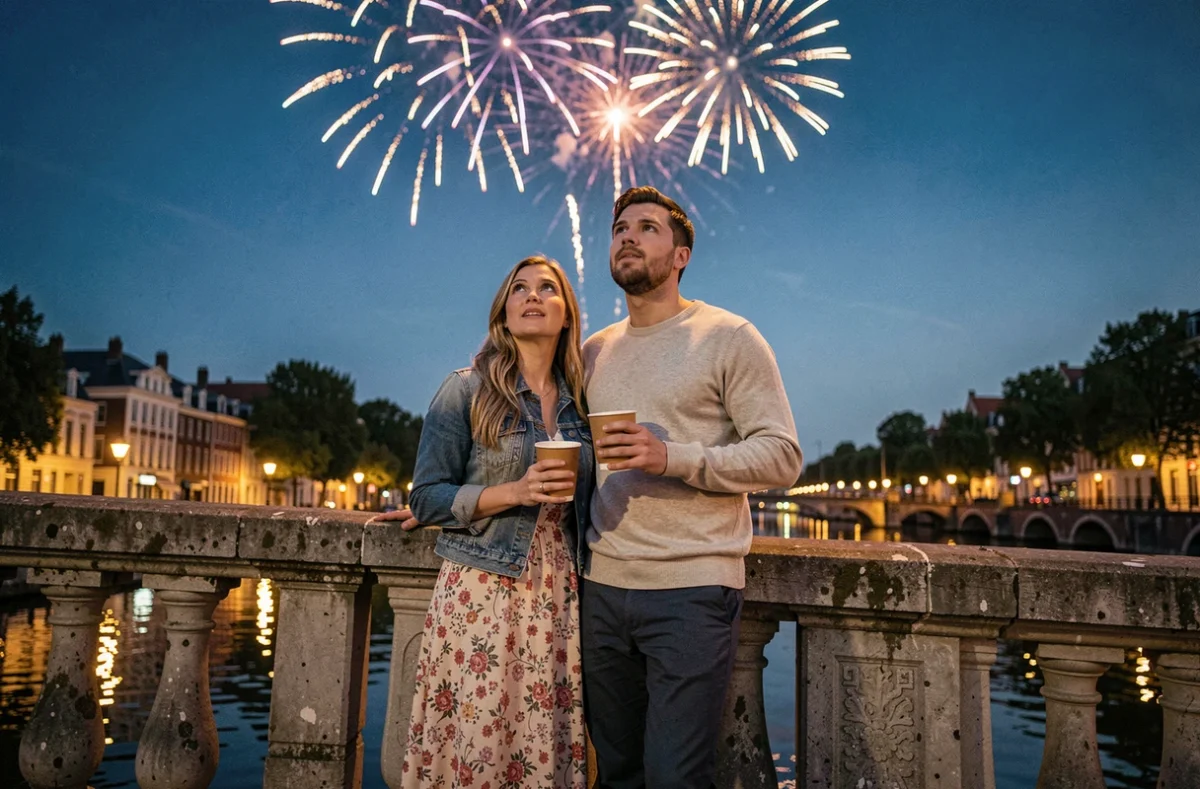 Couple sur un pont de Lille observant le feu d'artifice avec des reflets colorés dans le canal, ambiance soirée estivale
