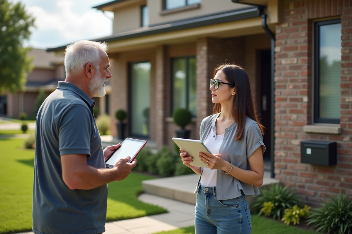 Homme et femme observant façade maison dans quartier résidentiel