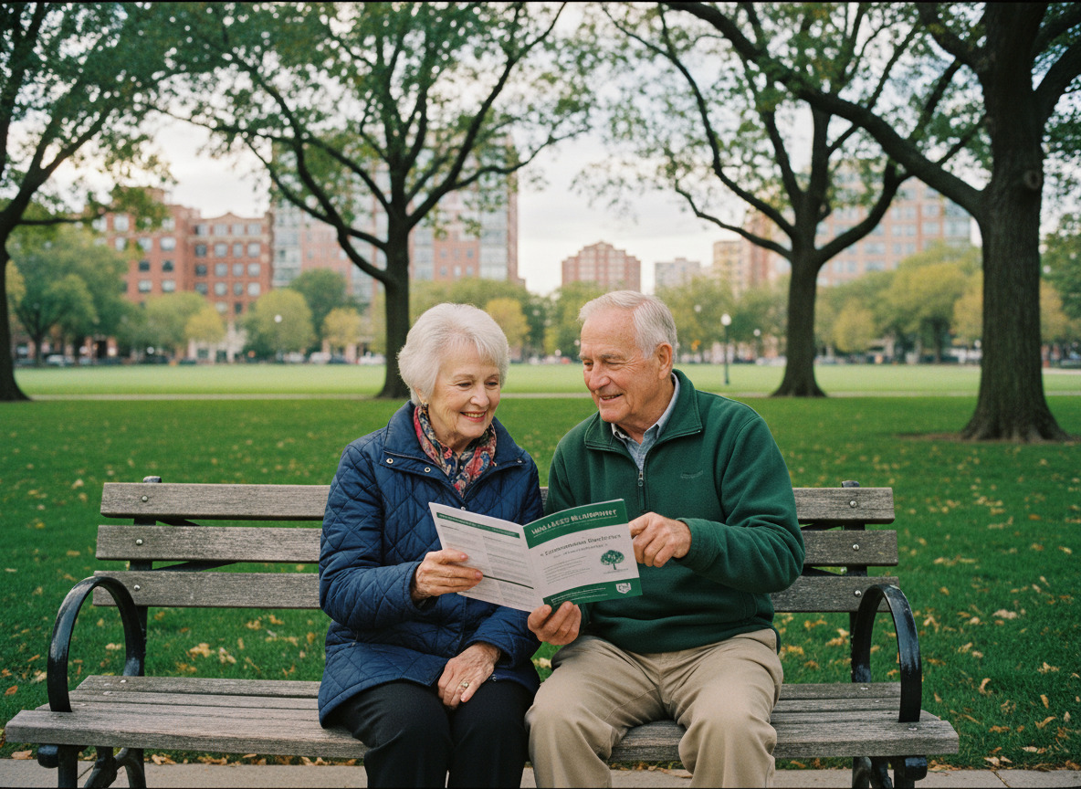 Couple d elderly discutant brochure santé en parc