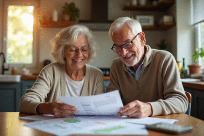 Couple senior souriant lisant documents immobiliers