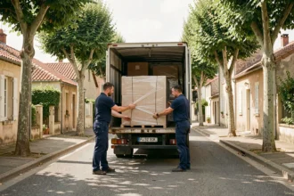 Équipe de déménageurs professionnels chargeant des meubles dans un camion blanc dans une rue résidentielle du Lot-et-Garonne
