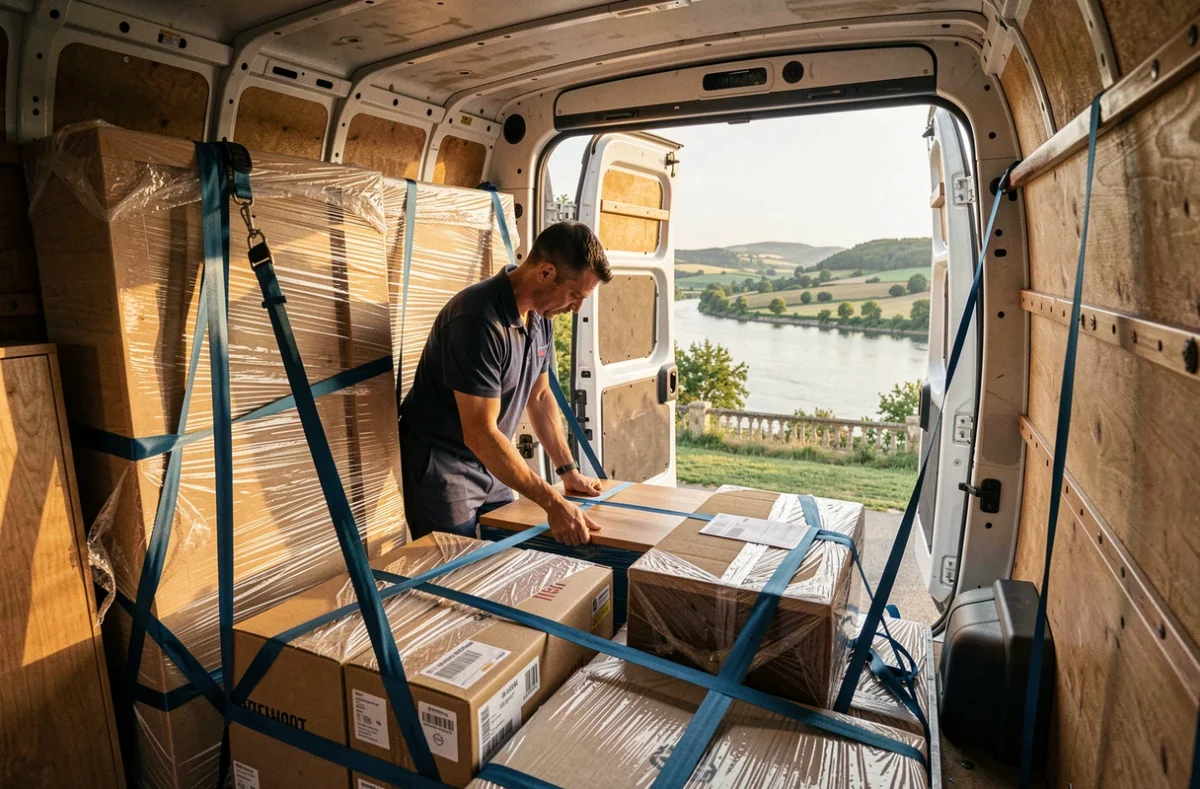 Déménageur Déménagements du Val de Garonne sécurisant des meubles dans le camion avec vue sur la vallée de la Garonne