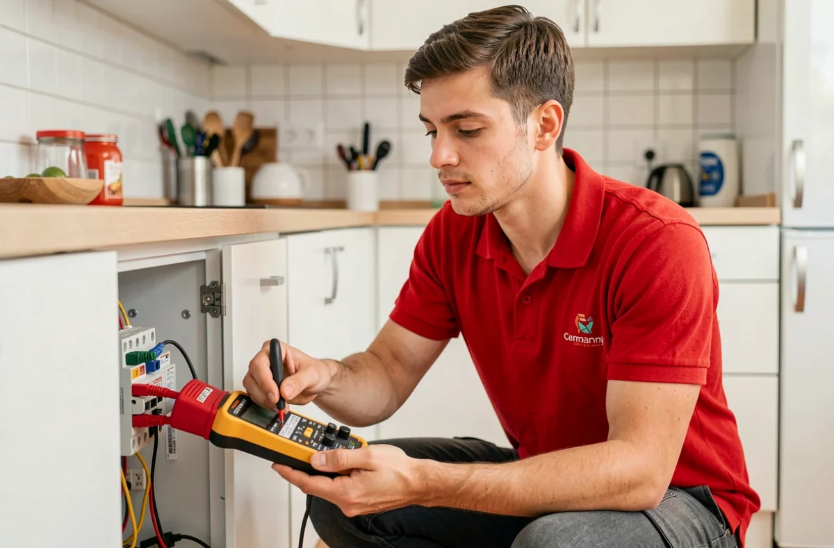 Technicien de Dépan'63 diagnostiquant une panne électrique dans une cuisine résidentielle à Clermont-Ferrand