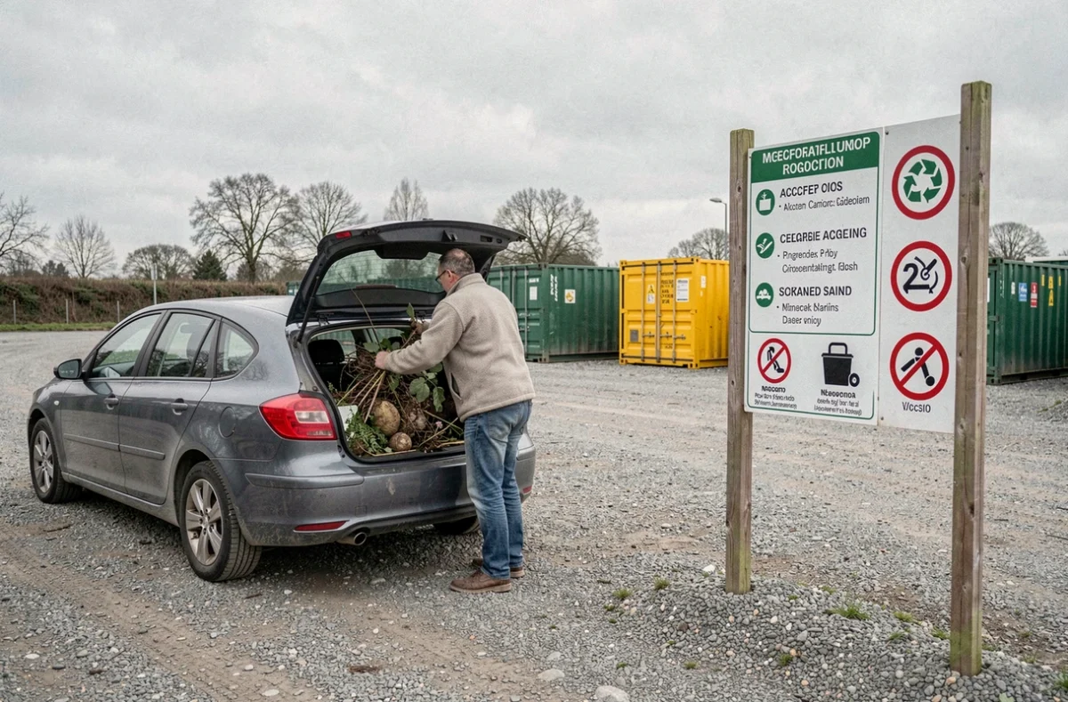 Particulier déposant des déchets verts dans un bac de la déchèterie en respectant les consignes de tri