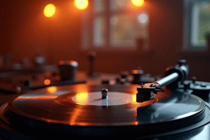 Disque vinyle classique avec micro vintage et lumières d'ambiance