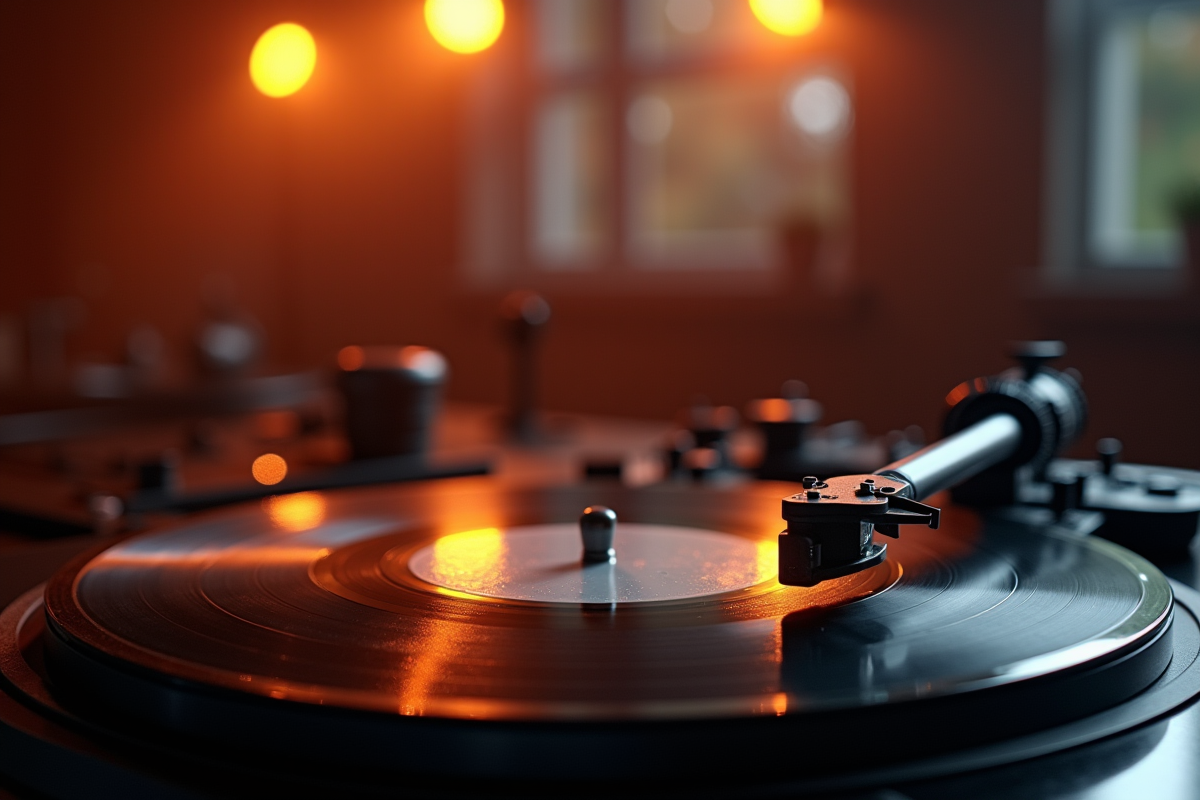 Disque vinyle classique avec micro vintage et lumières d'ambiance