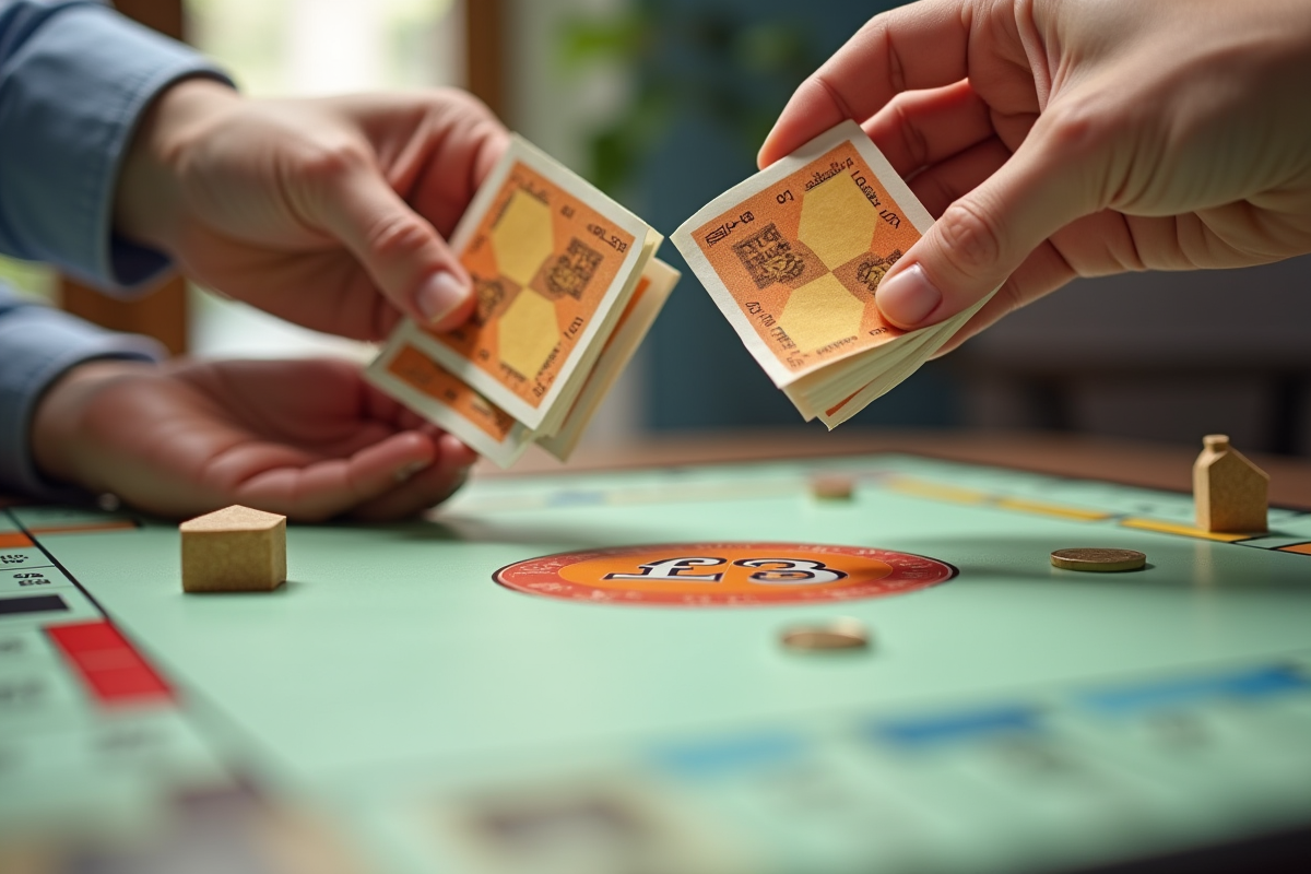 Main échangeant des billets et maisons Monopoly franc dans une ambiance lumineuse