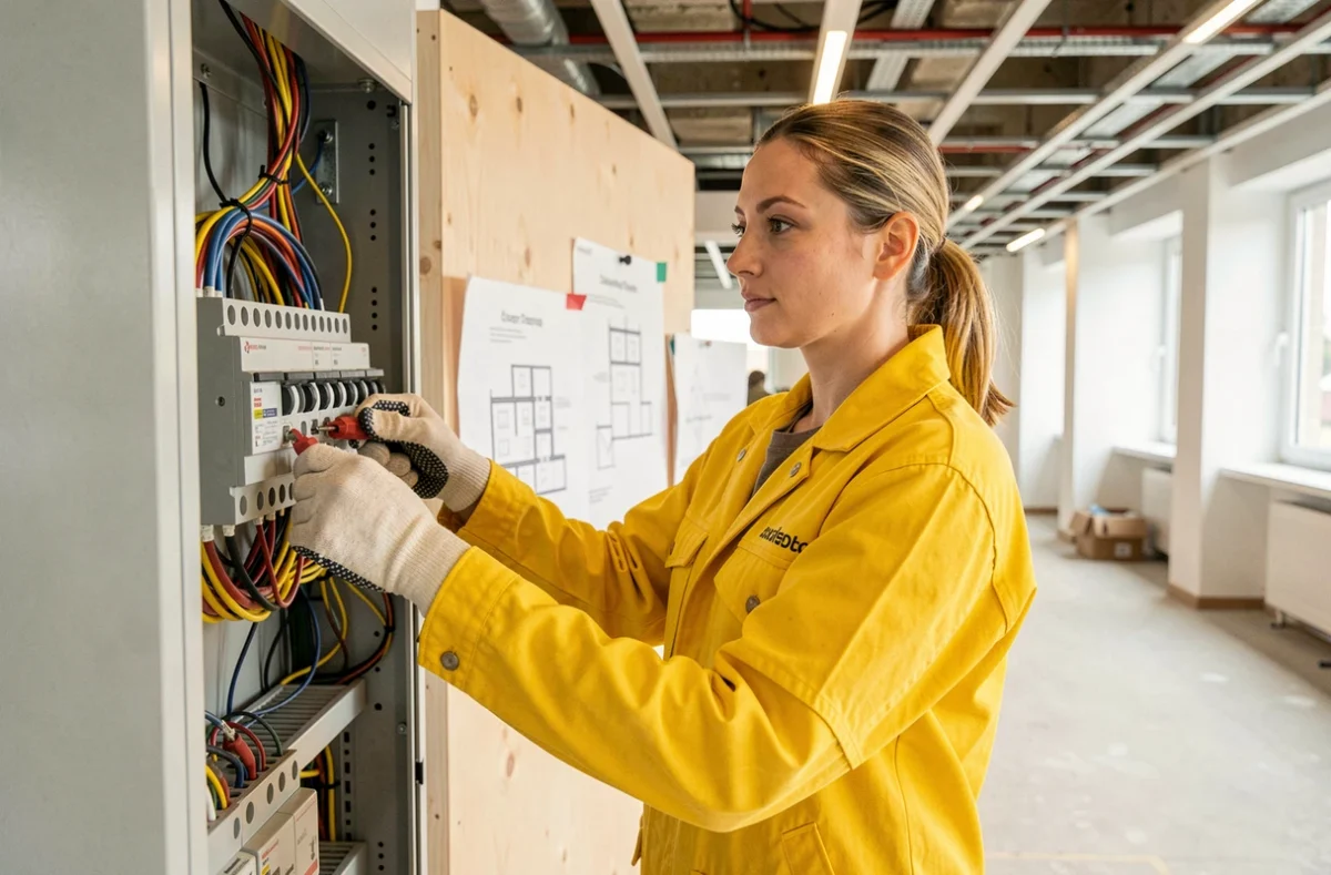 Électricienne d'Ed'elec connectant un disjoncteur dans un espace de bureaux en rénovation à Clermont-Ferrand